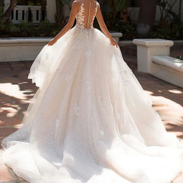Runhufu Bohemian Wedding Dresses For Women Sexy Backless Lace Applique Illusion Bridal Gown Elegant A-LINE Princess Dress